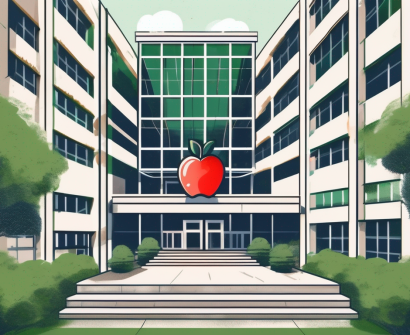 A school building with an international flag display in the foreground