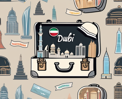 A suitcase adorned with stickers of famous dubai landmarks