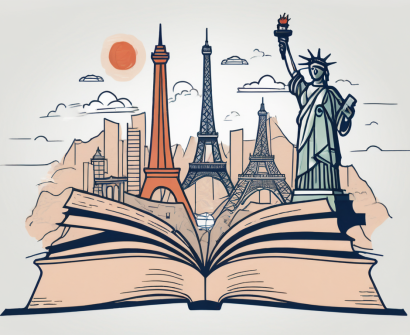 An open book with various iconic landmarks from around the world