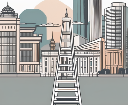 A ladder ascending against a backdrop of iconic singaporean landmarks