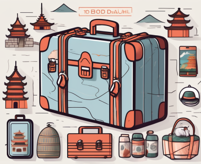 A suitcase filled with pet supplies such as a leash