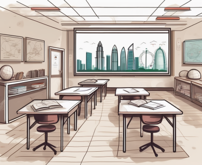 A classroom setting with various symbols representing challenges such as a cultural barrier (represented by a mix of different country flags)