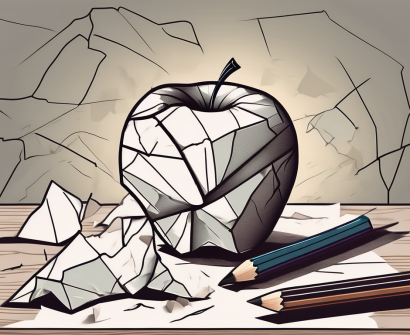 An apple on a desk with cracks running through it