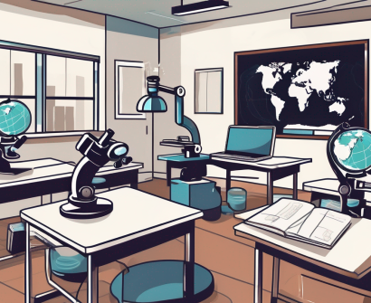 A classroom setting with a globe
