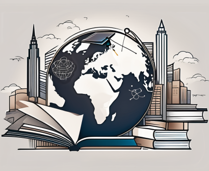 A singaporean skyline with symbolic elements of teaching and international education such as a globe