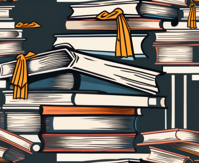 A towering stack of books with a graduation cap on top