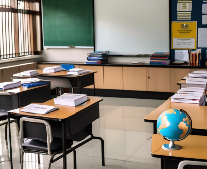 A classroom setting in singapore with an empty teacher's desk and chair