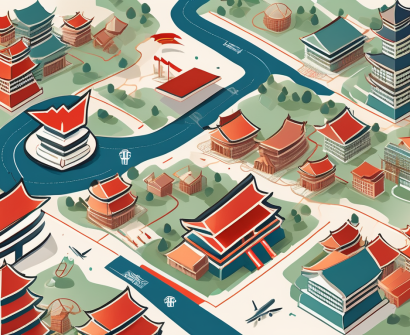 A variety of international school buildings scattered across a stylized map of china