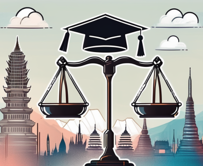 A balanced scale with a graduation cap on one side and an iqts (international quality testing system) symbol on the other