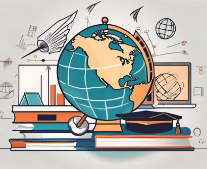 A globe surrounded by various symbols of international education like books