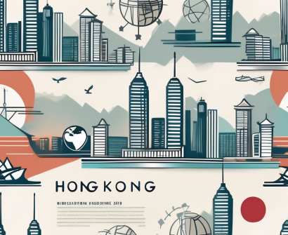 The hong kong skyline with iconic educational symbols such as graduation cap