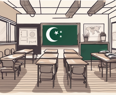 A classroom setting with iconic singapore landmarks in the background