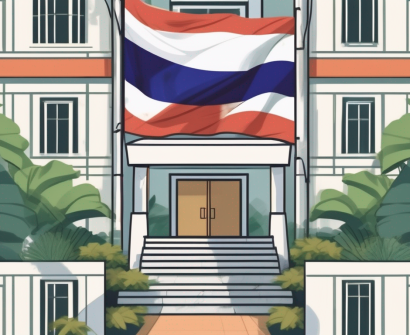 A school building with a thai flag