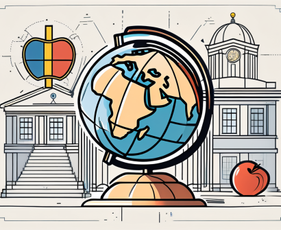 A swedish school building with a globe in the background