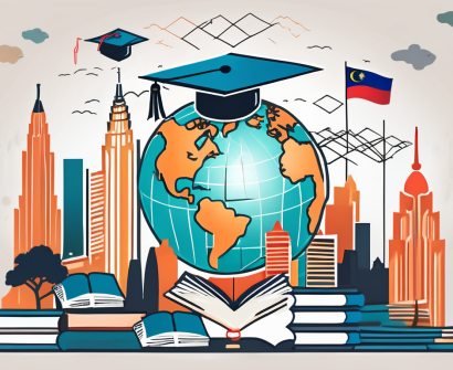 The malaysian landscape with various iconic educational symbols like graduation cap