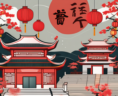 A traditional chinese school building surrounded by symbolic elements of chinese culture like lanterns