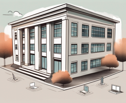 A swiss school building with seven keys floating around it