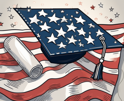 A graduation cap and diploma resting on top of an american flag