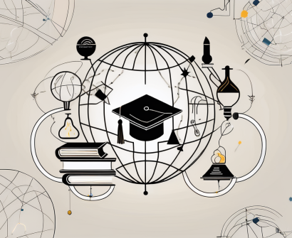 A globe with different educational symbols such as books