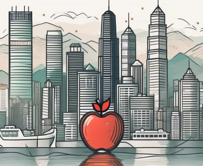 A traditional hong kong skyline with symbolic elements like an apple (for education)