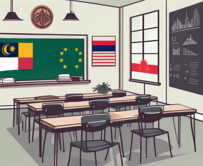 A classroom setting with various international flags