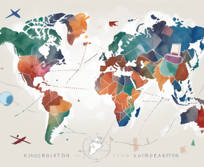 A global map dotted with kindergarten projects such as building blocks