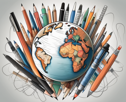A globe with various types of pens and pencils orbiting around it