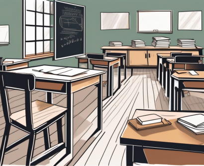 An empty classroom with desks and chairs