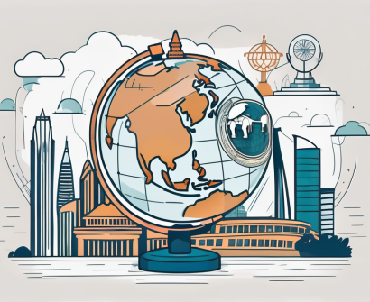 A globe with iconic singapore landmarks like the marina bay sands and the merlion