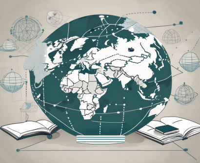 A globe with symbolic icons of education like a book