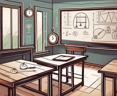A traditional cambodian classroom setting with various symbols like a bell