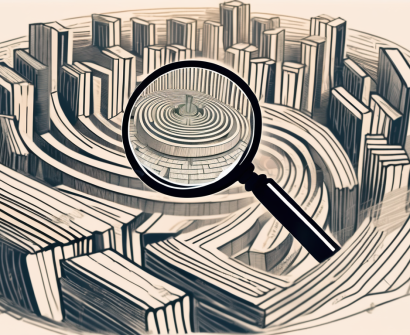 A magnifying glass hovering over a complex labyrinth made of books