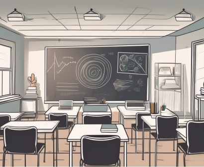 A classroom setting with various teaching tools such as a chalkboard