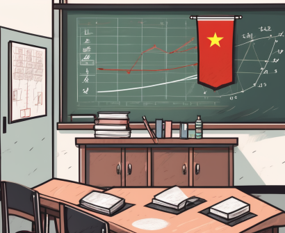 A classroom in china with symbolic elements representing government policies and iqts teacher issues