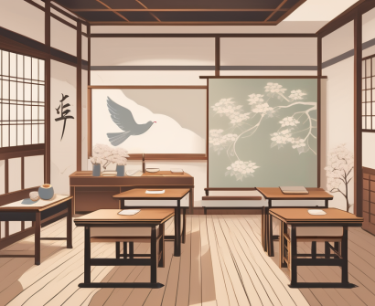 A traditional japanese classroom setting with visible elements like desks