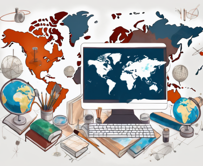 A global map with various educational tools like books