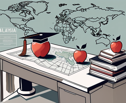 A classroom setting with a teacher's desk