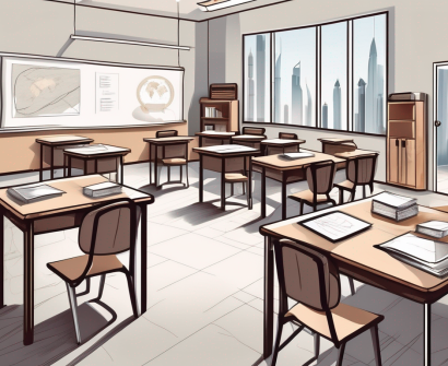 A classroom setting in dubai with various educational tools and policy documents