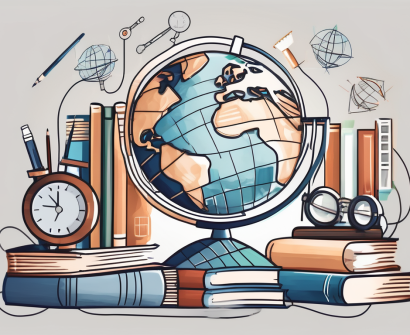 A globe surrounded by various educational tools such as books