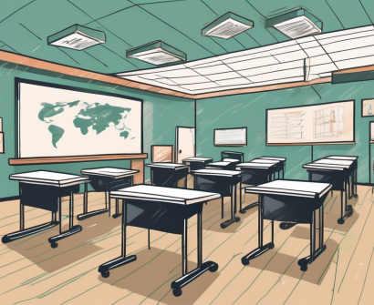 A classroom setting in hong kong with a chalkboard