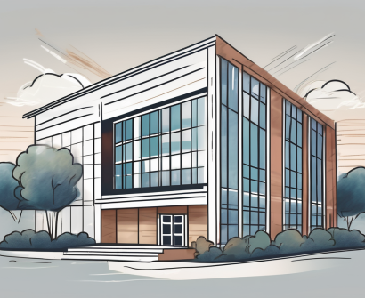 A school building with various administrative elements like a clock