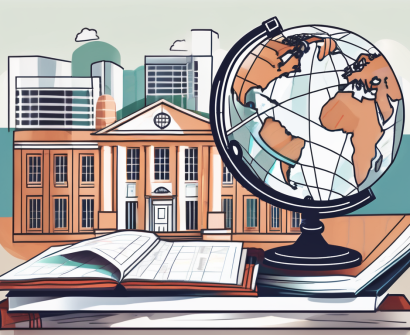 A globe with various international school buildings around it