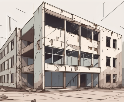 An empty school building with a crumbling facade and a neglected playground