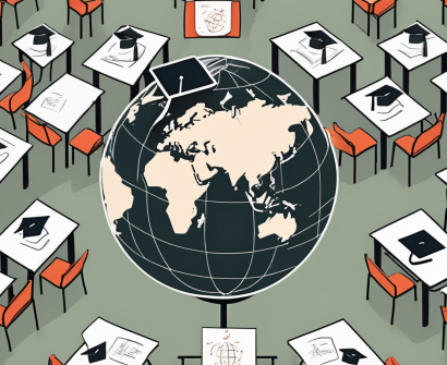 A classroom setting with empty desks and chairs