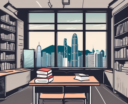 A classroom setting in hong kong with tefl books on the desk and a chalkboard showing english language lessons