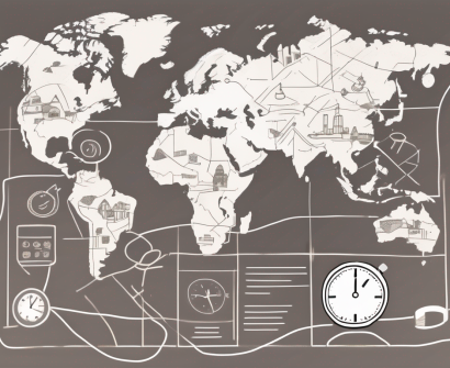 A global map with symbolic icons of a pencil and a stopwatch hovering over various international schools