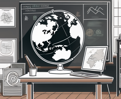 A classroom setting with a globe highlighting hong kong