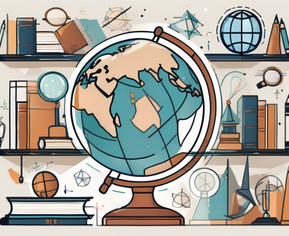 A globe surrounded by various educational tools like books