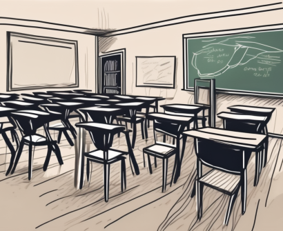 A classroom setting with empty chairs