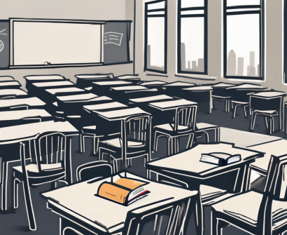 A classroom setting in dubai with empty chairs and desks